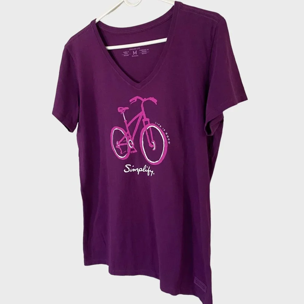Life Is Good Simplify Crusher-Lite V-Neck Womens Medium Purple Basic Graphic Tee - Picture 2 of 12